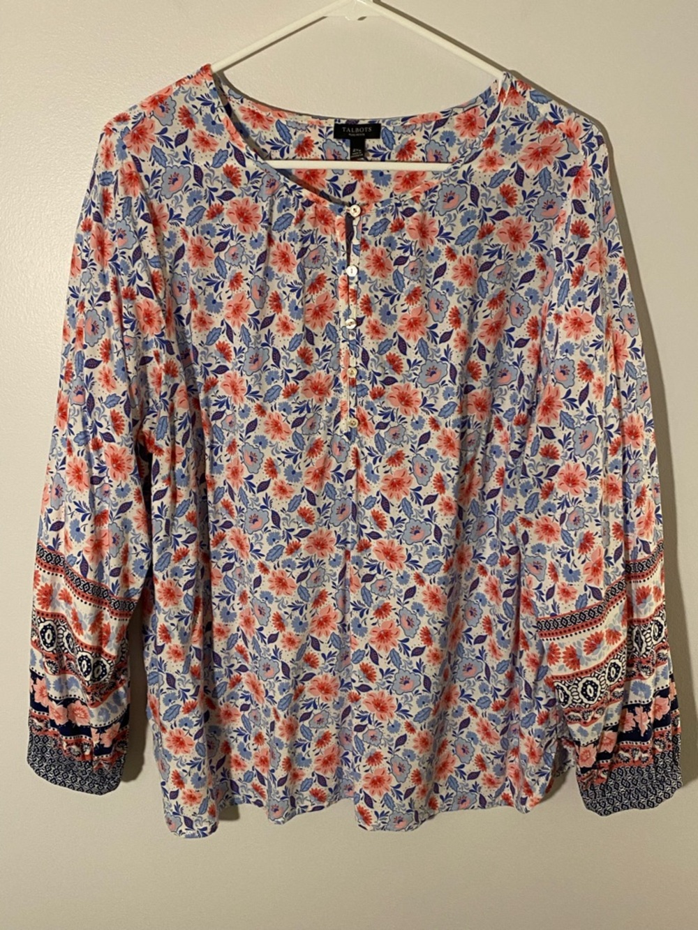 Talbots Plus Petite 2XP Floral Blouse Blue Red Boho Long Sleeve Lightweight Top